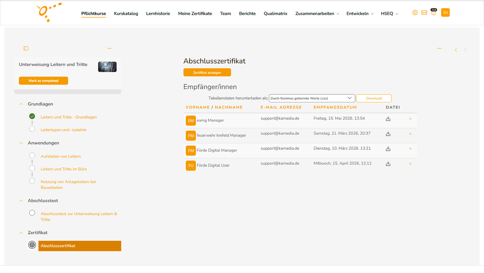 sycat_eLU-Screenshot-Kurs-Zertifikat Blended Learnings und Seminare einfach organisieren mit sycat eLU