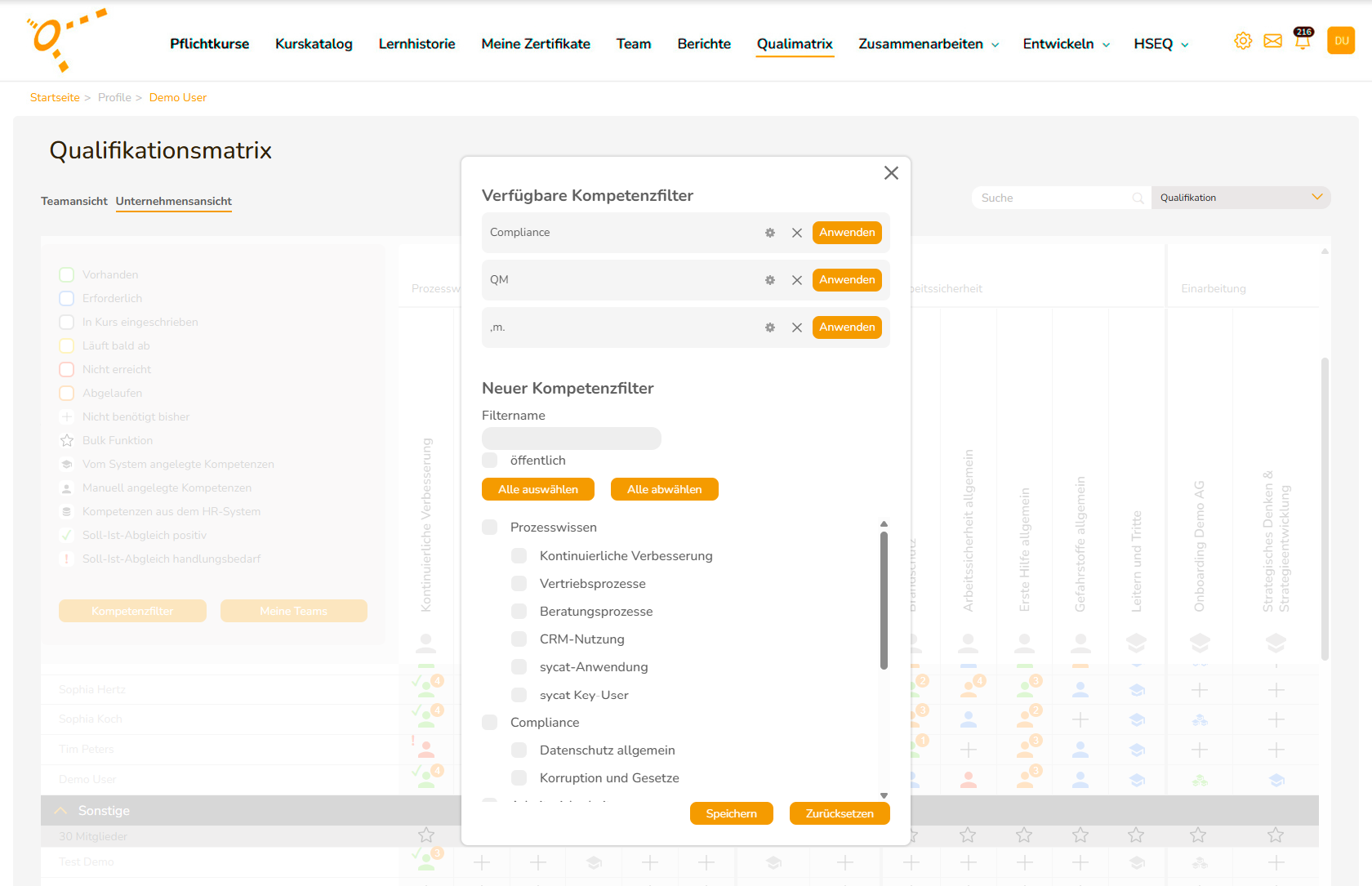 Zahlreiche Filtermöglichleiten in der Qualifikationsmatrix von sycat eLU